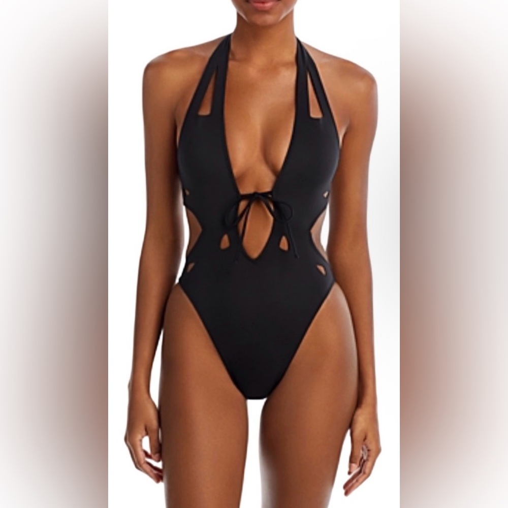 GIGI C Charlie Plunging One Piece Swimsuit Black Cutout Halter XS NWT